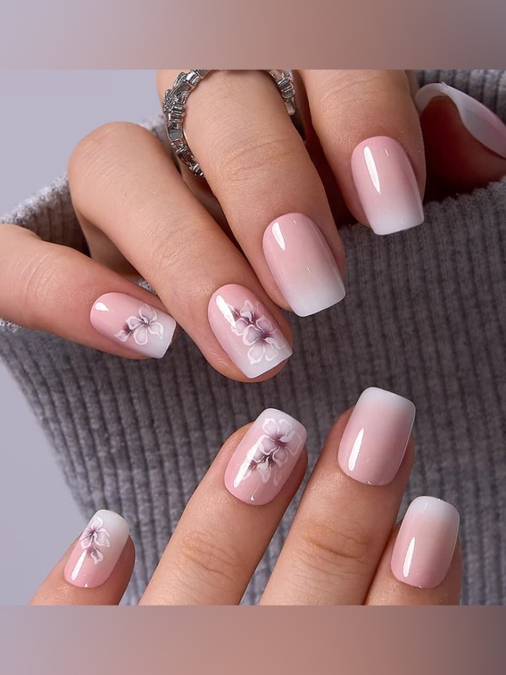 “Blush Bloom” Pink Ombre Press-On Nails with Floral - Short Squoval Square